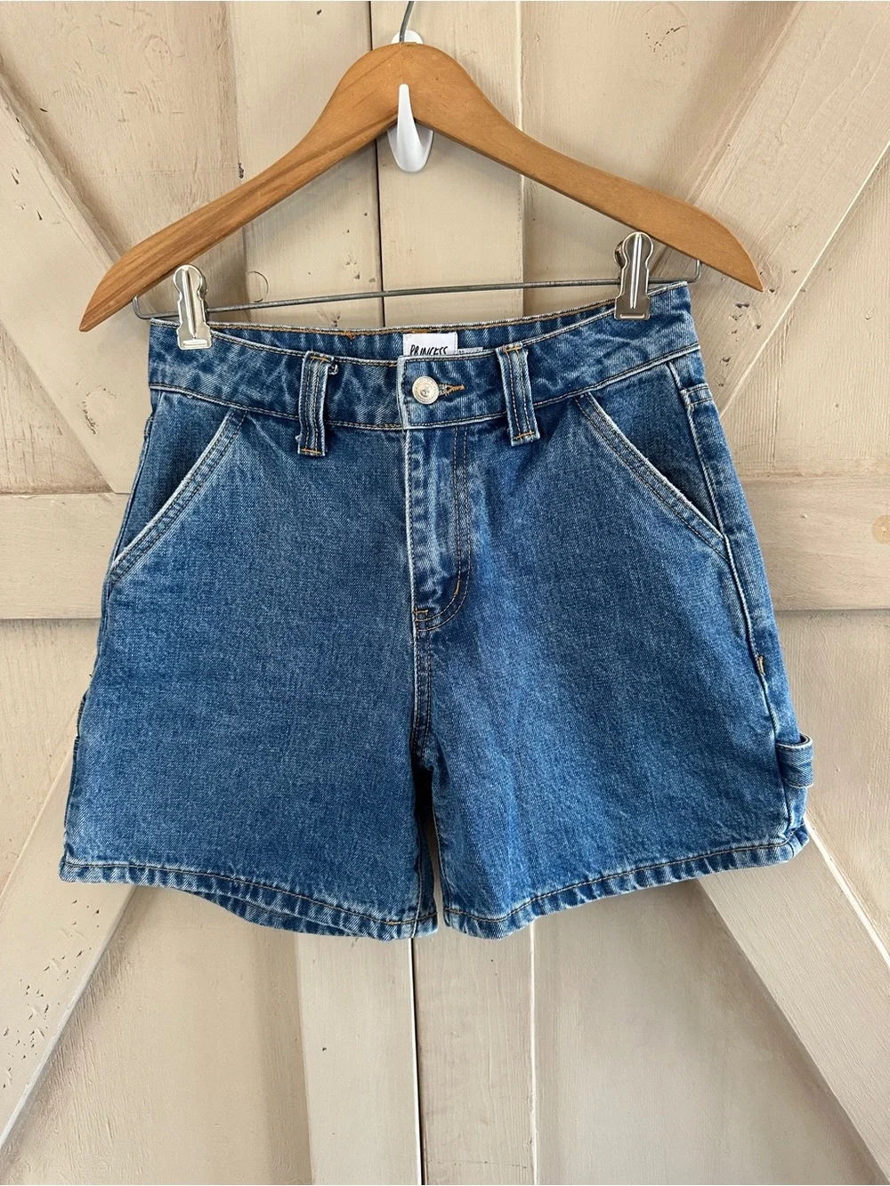 Princess Polly Denim Carpenter Shorts Size 2 Medium Wash High Rise